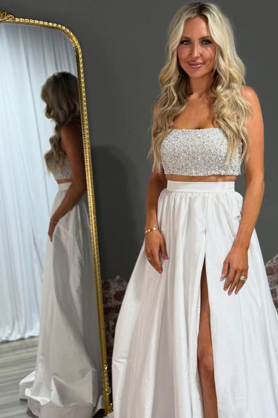 Cute Ball Gown Strapless Two Piece Satin Long Prom Dress with Beading VK25052904
