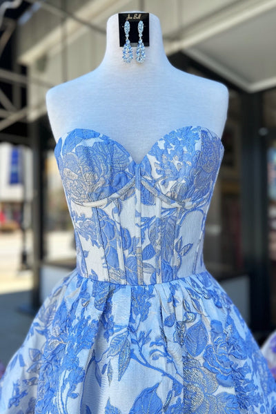 Strapless Blue Floral A-line Short Dress