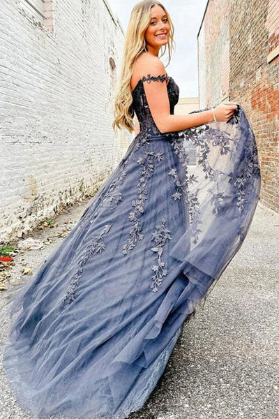 Black Off the Shoulder Prom Dress with Appliques VK23092703