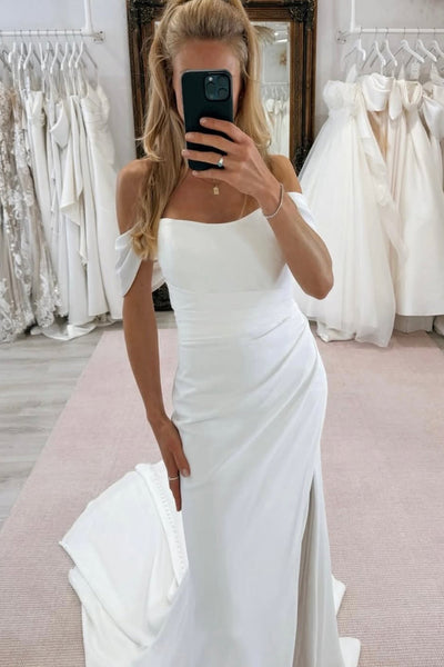 Mermaid Off the Shoulder Elastic Satin Wedding Dress with Slit VK25112403