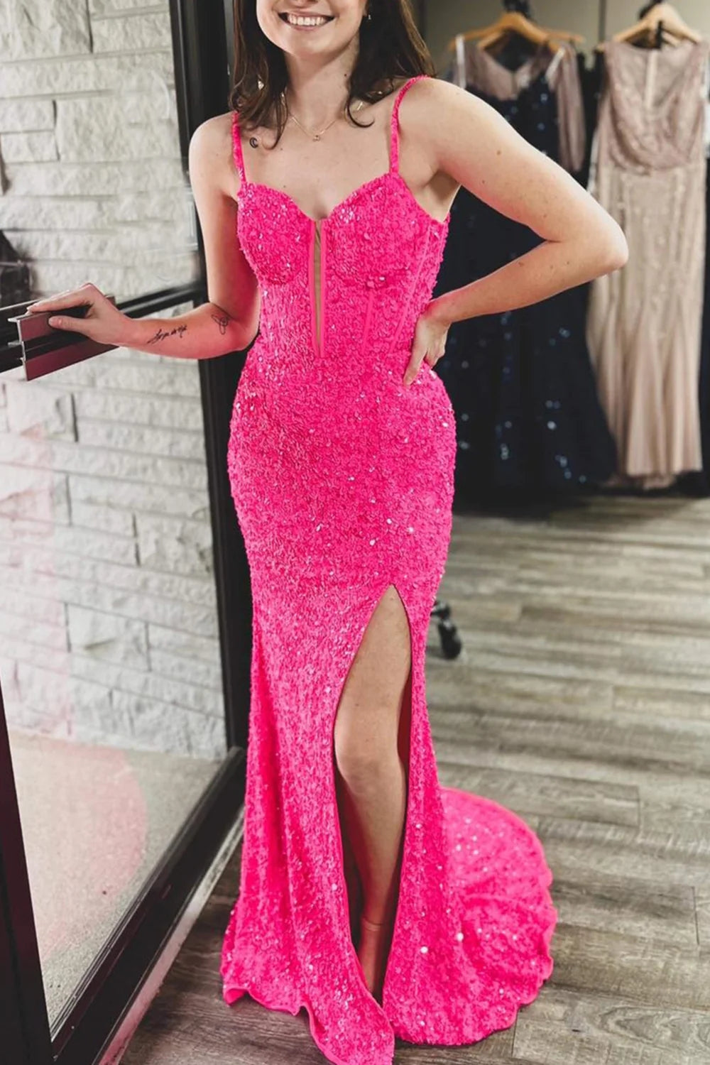 Sparkly Fuchsia Corset Sequins Long Mermaid Prom Dress with Slit VK24010202