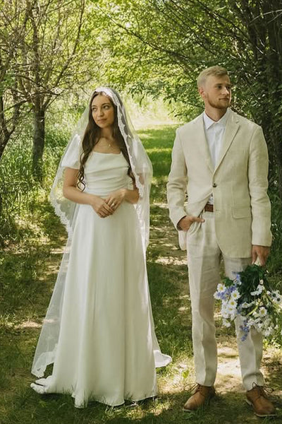 A-Line Square Neck Short Sleeve Silk Satin Wedding Dresses VK25092307