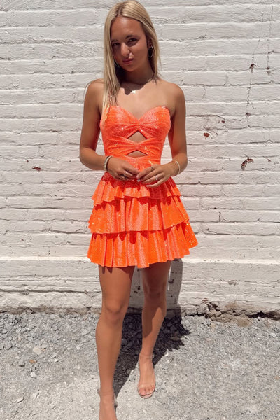 Charming A-Line Sweetheart Orange Beaded Short Homecoming Dress with Ruffle Tiered VK25092401