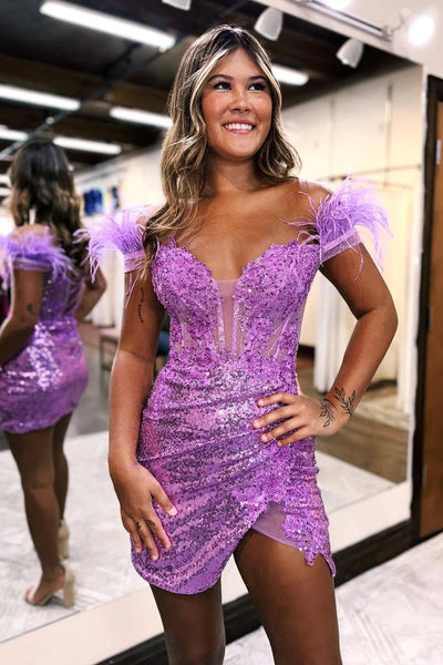 Royal Blue Off the Shoulder Sequin Short Homecoming Dress with Feather VK23090306