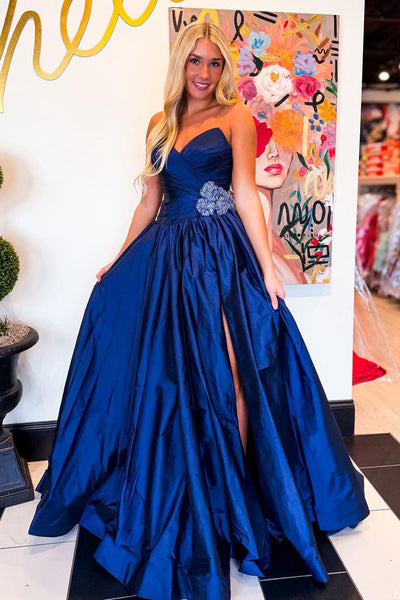 A Line V Neck Royal Blue Taffeta Satin Prom Dress with Beading VK030511