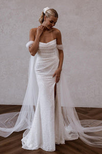 Charming Mermaid Off the Shoulder Sequins Wedding Dresses with Slit VK23062002