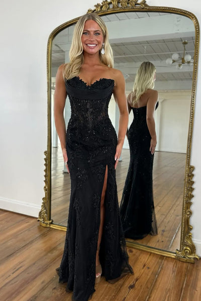 Mermaid Strapless Sweetheart Yellow Corset Appliques Long Prom Dresses with Slit VK26012904