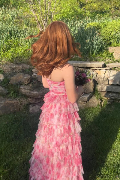 Fairy A Line Strapless Floral Tulle Tiered Prom Dress VK020104