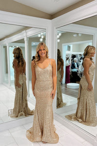 Charming Gold Sheath V Neck Prom Dresses VK24102205