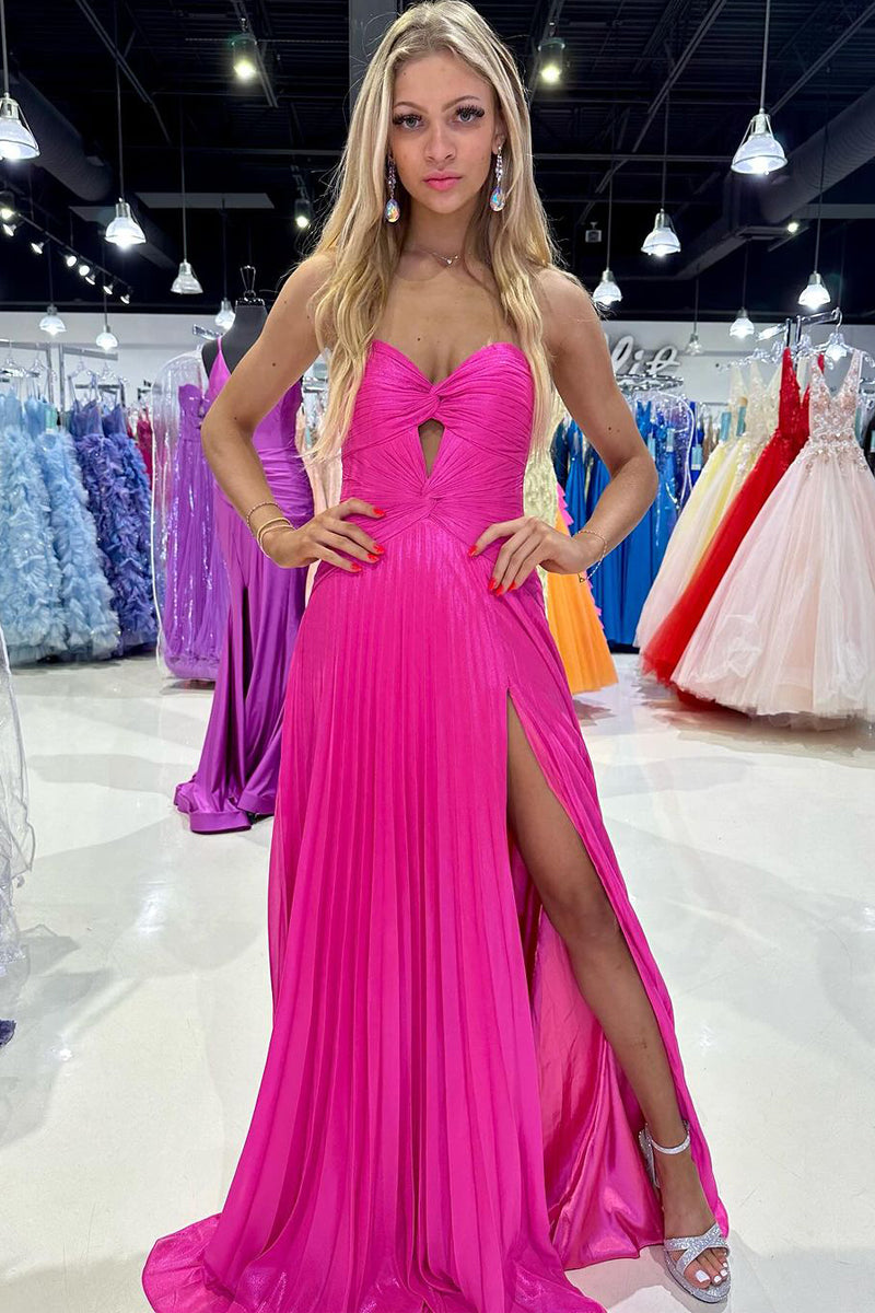 A-Line Strapless Fuchsia Keyhole Long Prom Dresses with Slit VK24040802