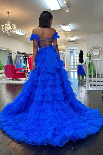 Royal Blue Off the Shoulder Ruffle Tiered Tulle Long Prom Dresses with Slit VK24013103