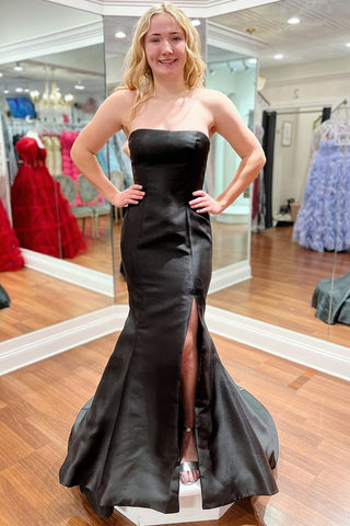 Black Strapless Satin Mermaid Prom Dress with Slit VK24030501