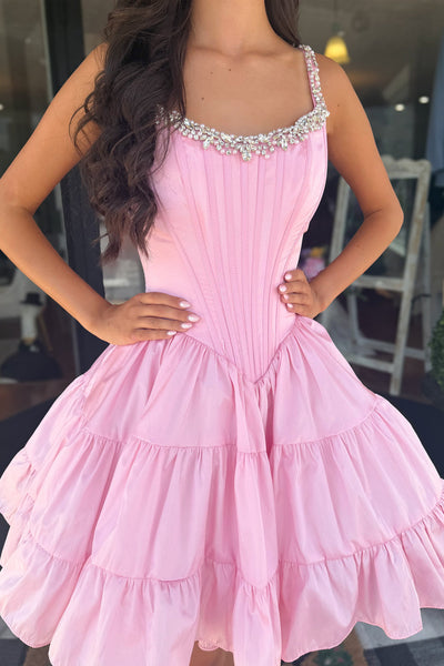 A Line Scoop Neck Pink Satin Homecoming Dress VK26072010