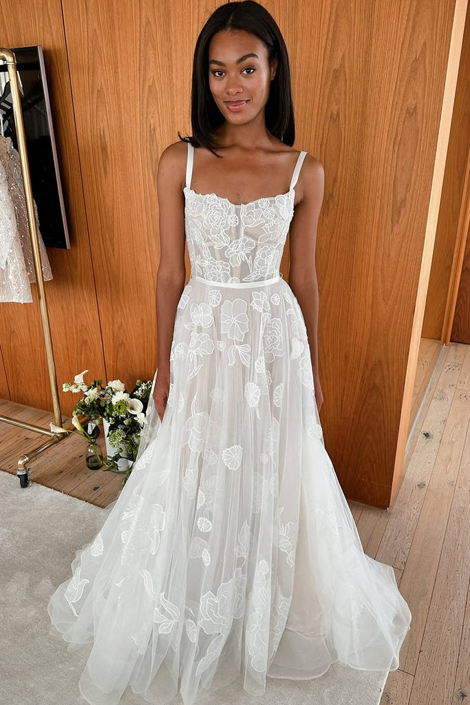 Fairy Boho Straps Tulle Beach Wedding Dress with Appliques VK24122508 – Vickidress
