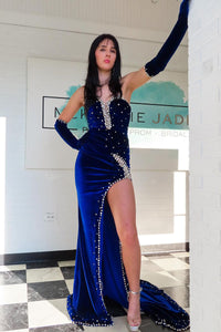 Royal Blue Strapless Velvet Mermaid Long Prom Dresses with Beading VK24022402
