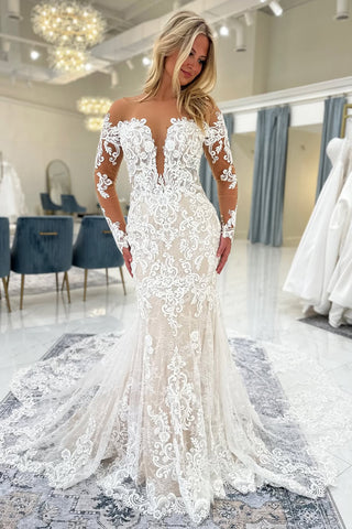 Bohemian Mermaid Off the Shoulder Lace Wedding Dress with Long Sleeves VK25072401