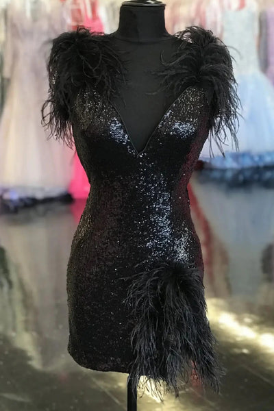Sparkly Black Sequins Tight Short Homecoming Dress with Feathers VK23091810