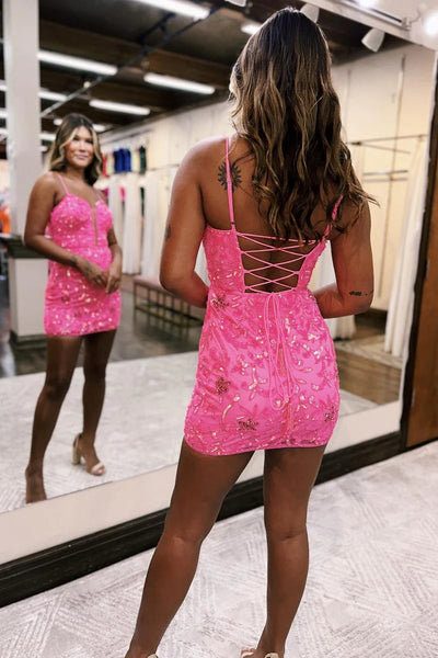 Hot Pink Spaghetti Straps Sequin Lace Tight Short Homecoming Dress VK23090302