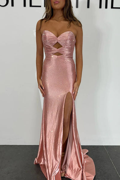 Sparkly Mermaid Sweetheart Hot Pink Satin Long Prom Dresses with Hot Stone Beading VK25032701