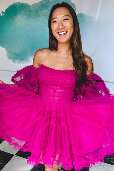 Fuchsia Off-the-Shoulder Puff Sleeves Tulle Ruffle-Layers Homecoming Dress VK23061904