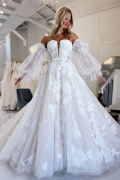 Elegant A Line Long Sleeves White Tulle Wedding Dress with Appliques VK071101