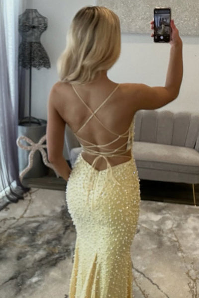 Gorgeoue Mermaid V Neck Daffodil Sequins Long Prom Dress with Beading VK16020316