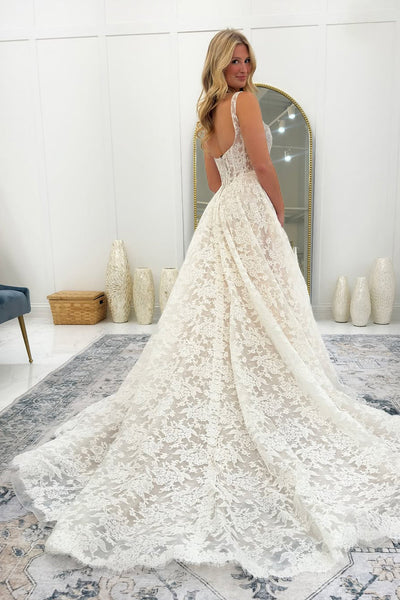 Gorgeous A Line Square Neck Lace Wedding Dress VK5111210