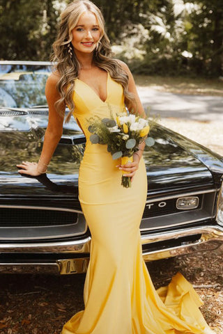 Charming Mermaid V Neck Yellow Elastic Satin Prom Dress VK25052515