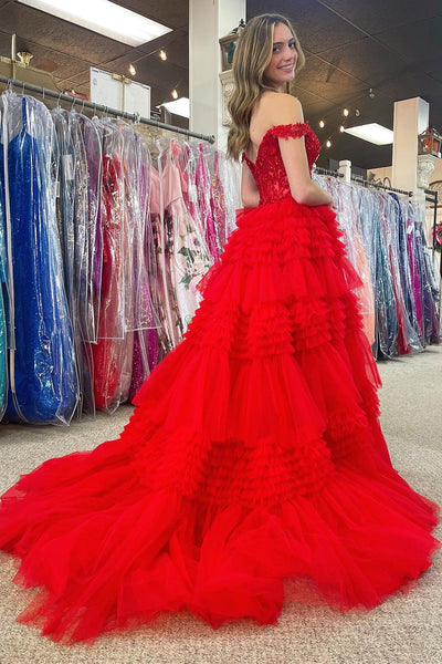 Red Tulle Off-the-Shoulder Ruffle Tiered Long Prom Dress VK23112105