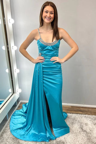 Teal Blue Beaded Spaghetti Strap Long Gown with Attached Train VK24011305