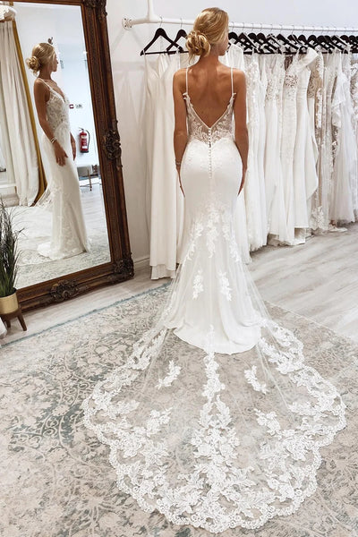 Mermaid V Neck Spaghetti Straps Satin Wedding Dresses with Lace VK23082704