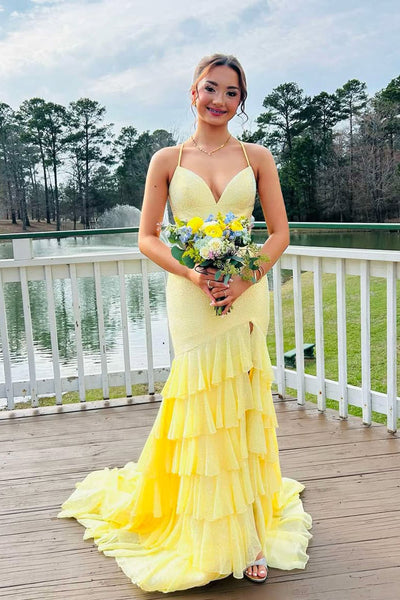 Cute Mermaid V Neck Daffodil Long Prom Dress with Hot Fix VK030509