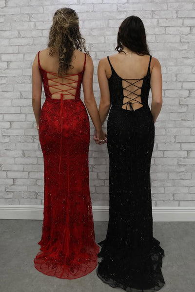 Mermaid V Neck Red Sequin Lace Long Prom Dresses with Slit VK25032304