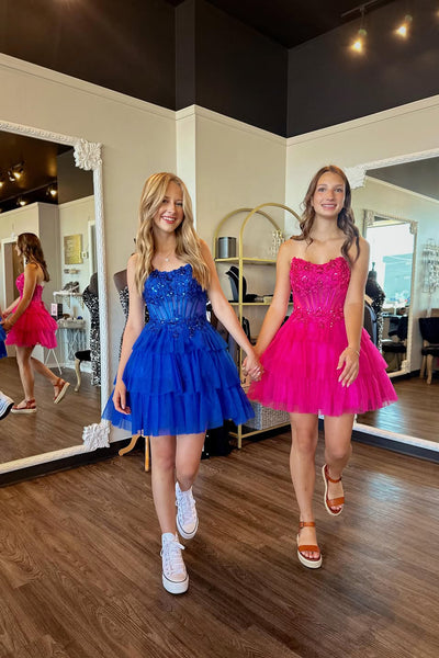 Hot Pink Strapless Tulle Tiered A-Line Short Homecoming Dress with Appliques VK25091603