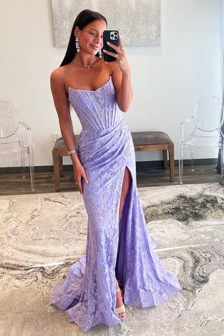 Lavender Lace Strapless Mermaid Long Prom Dresses with Slit VK23122806