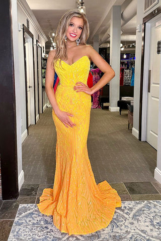 Yellow Strapless Sequins Mermaid Long Prom Dresses VK24040303