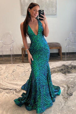 Dark Green Sequin Plunge V Mermaid Long Prom Dress VK23121302
