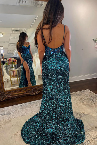 Green Sequins V Neck Mermaid Prom Dresses with Slit VK23120505