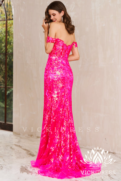 Fuchsia Off the Shoulder Sequins Lace Mermaid Prom Dresses with Slit VK24010722