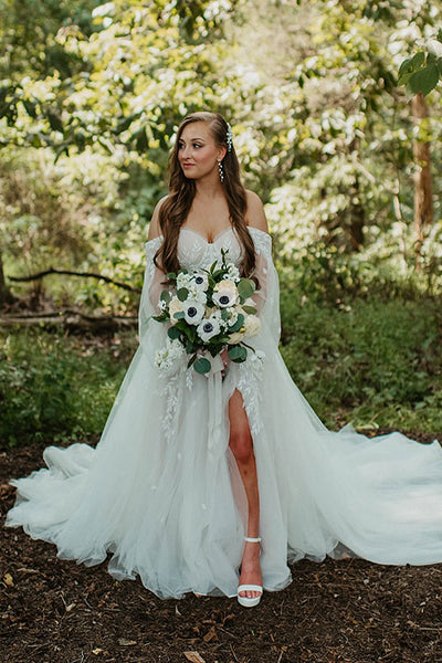 Fairy A Line Off the Shoulder Long Sleeves Tulle Wedding Dress with Lace VK25052607