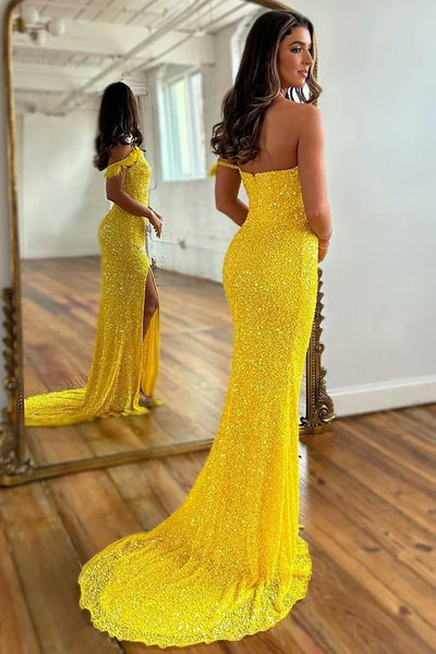 Sparkly Yellow Detachable Straps Mermaid Sequins Prom Dress with Slit VK23101401