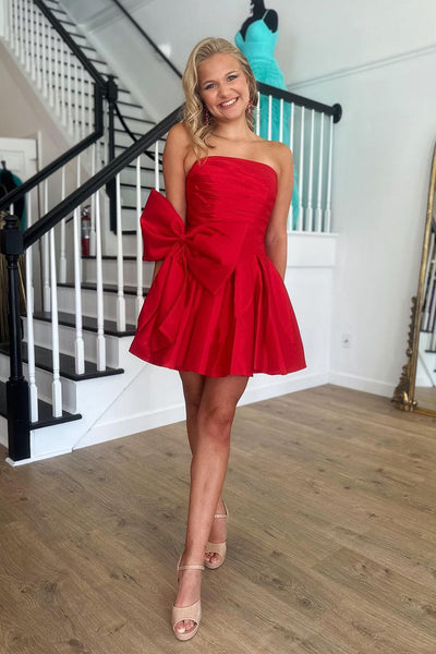Cute A-Line Strapless Red Satin Short Homecoming Dresses with Bow VK23090703