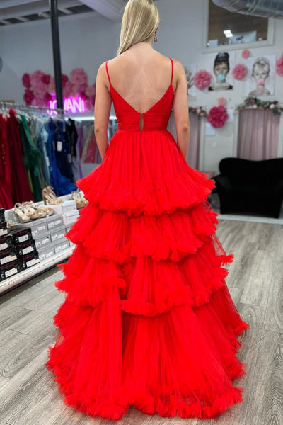 Red Tulle V-Neck Tiered Long Gown with Ruffles VK23092410