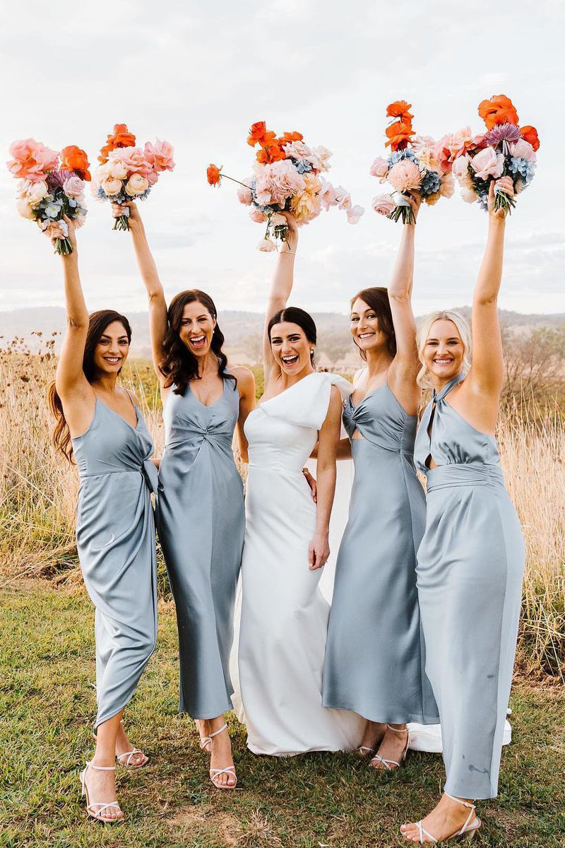 Elegant Sheath Halter Silk Saitn Bridesmaid Dresses VK23081606