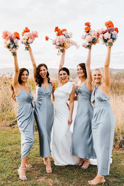 Elegant Sheath Halter Silk Saitn Bridesmaid Dresses VK23081606