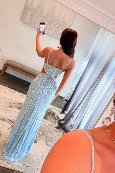 Charming Mermaid V Neck Light Blue Beaded Slit Prom Dresses