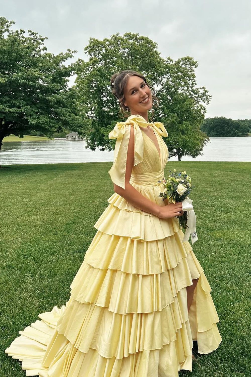 Cute Ball Gown V Neck Yellow Satin Tiered Long Prom Dress VK25053103