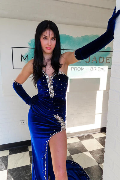 Royal Blue Strapless Velvet Mermaid Long Prom Dresses with Beading VK24022402