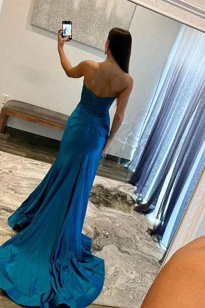 Royal Blue Strapless Mermaid Long Prom Dresses with Appliques VK24011605
