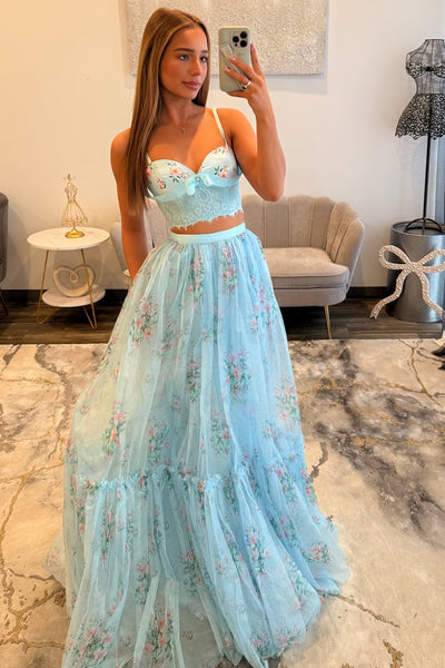 Chic Two Piece Sweetheart Floral Print Tulle Prom Dress VK26021004